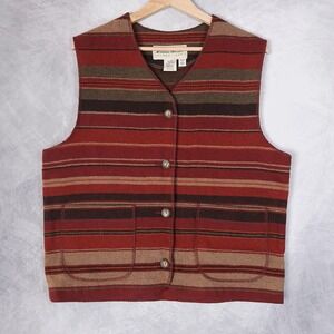 Eddie Bauer Vest Womens Petite Small Red Wool Stripe Button Front Southwestern
